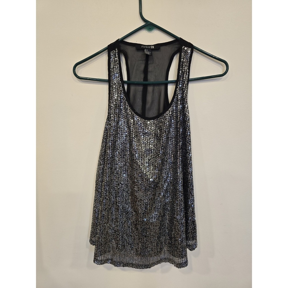 Forever 21‎ Black Glitter Tank Top Sheer Back Racerback Y2K Party Clubwear Small